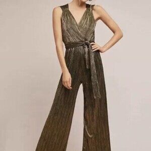 Anthropologie Vanessa Virginia Pont Neuf Gold Metallic Jumpsuit Size M